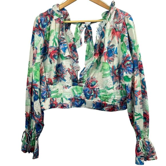 Anthropologie Floral Plunging V Long Sleeve Crop Top Size L Large Tie Back - Picture 10 of 14